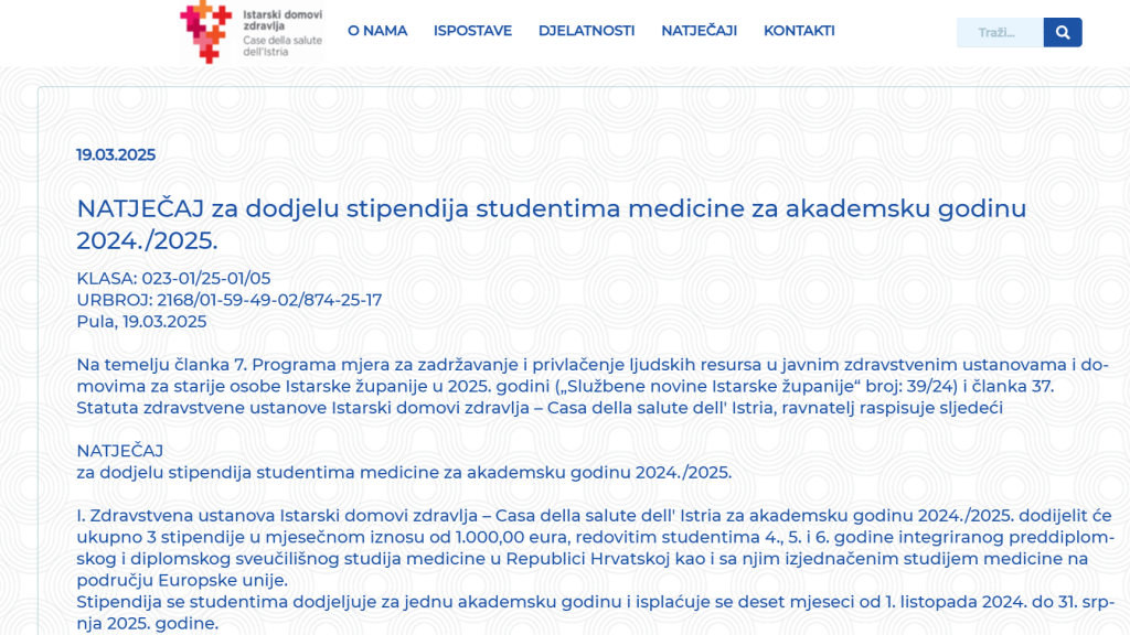 Istarski domovi zdravlja - Natječaj za dodjelu stipendija studentima medicine